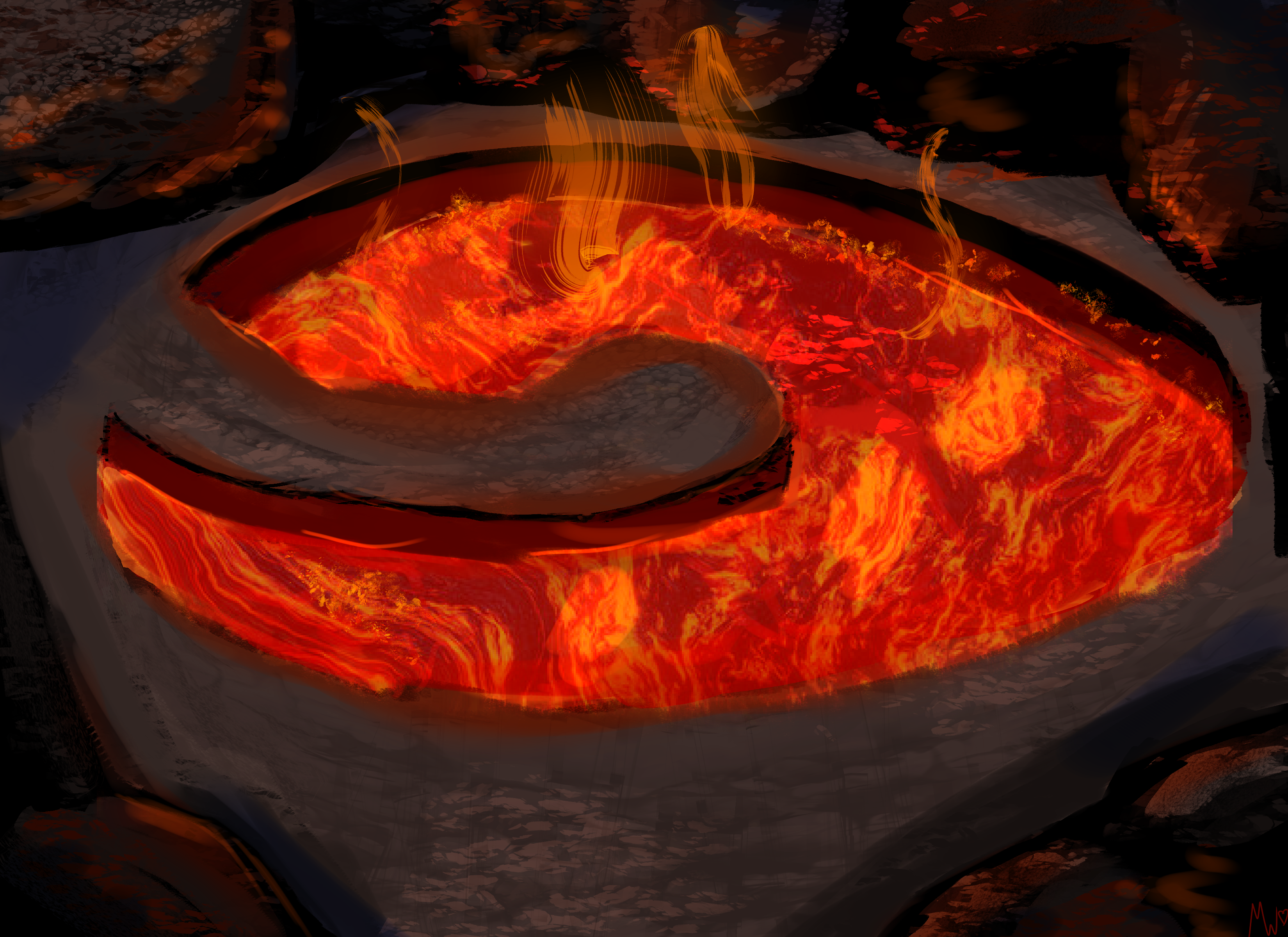 A digital painting of a fantasy lava pit.